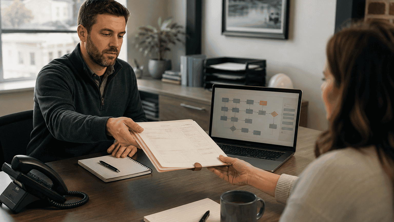 Service business team reviewing a work-order handoff and workflow map across a desk.